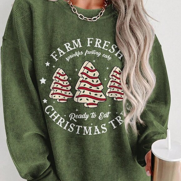 Tops - Army Green Casual Women's Christmas Letter  Sweatshirt